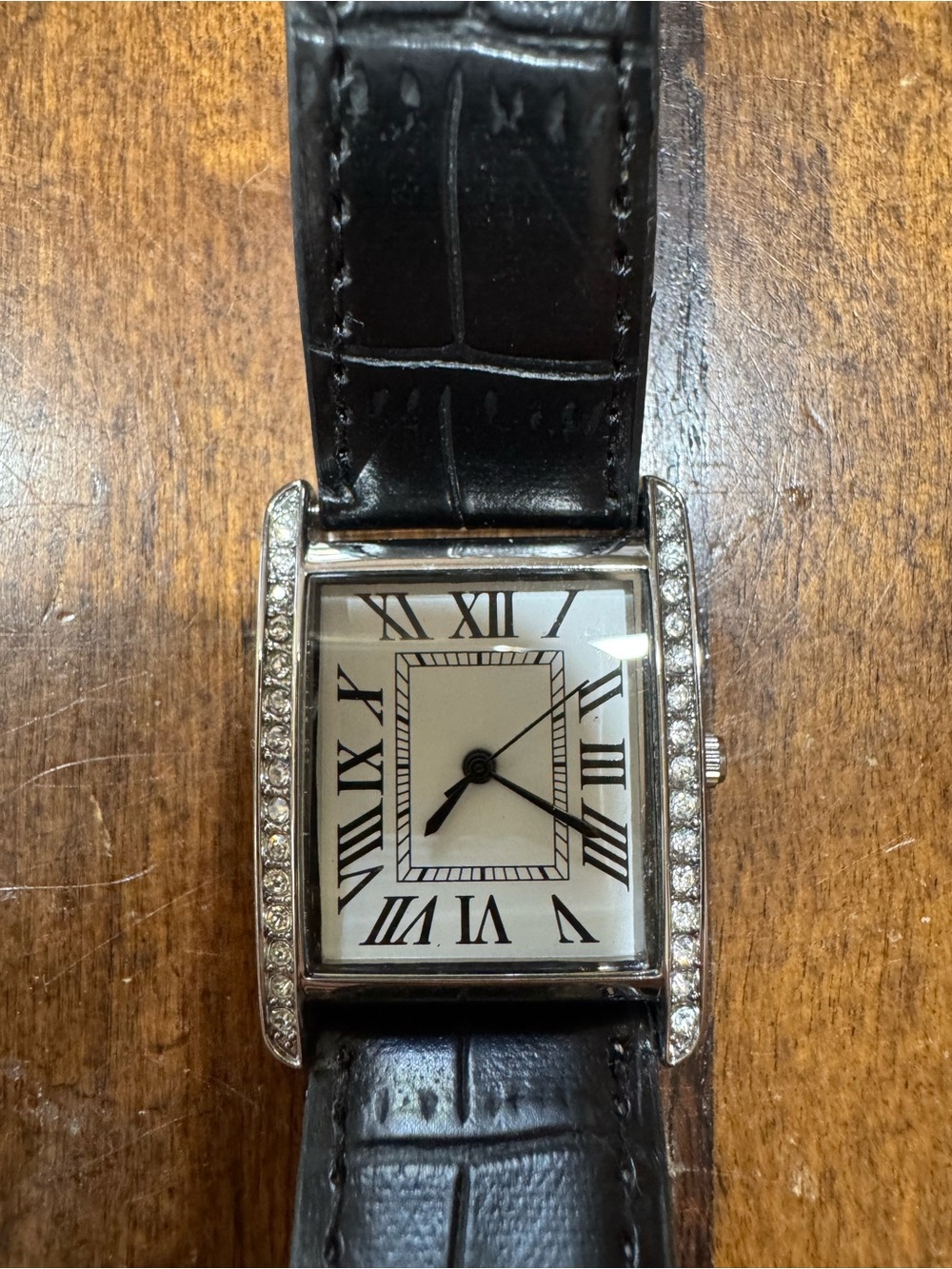 Marks & Spencer Black Leather Rectangular Watch with Crystal Trim